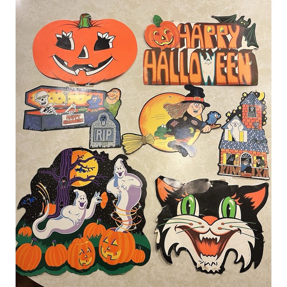 Vtg Beistle Halloween Decorations Die Cut Punch Out Ghosts Cat Jack-o-lantern